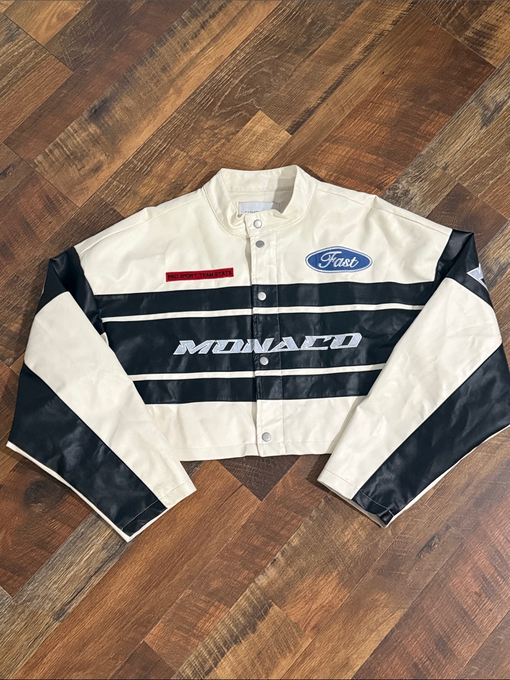 Fashion Nova Monaco Racing Faux Leather Moto Jacket Cropped White Black Medium